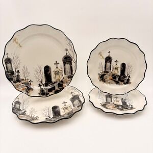 Potter's Studio Halloween Graveyard Scalloped Plates Set of 4 Dinner Salad Goth